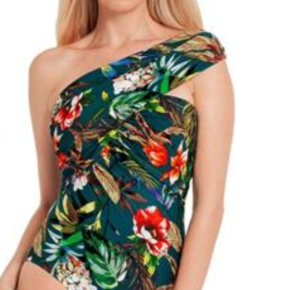 Miraclesuit Other - Miraclesuit Teal One-Shoulder Tropical Floral One-Piece with Red & White Flowers